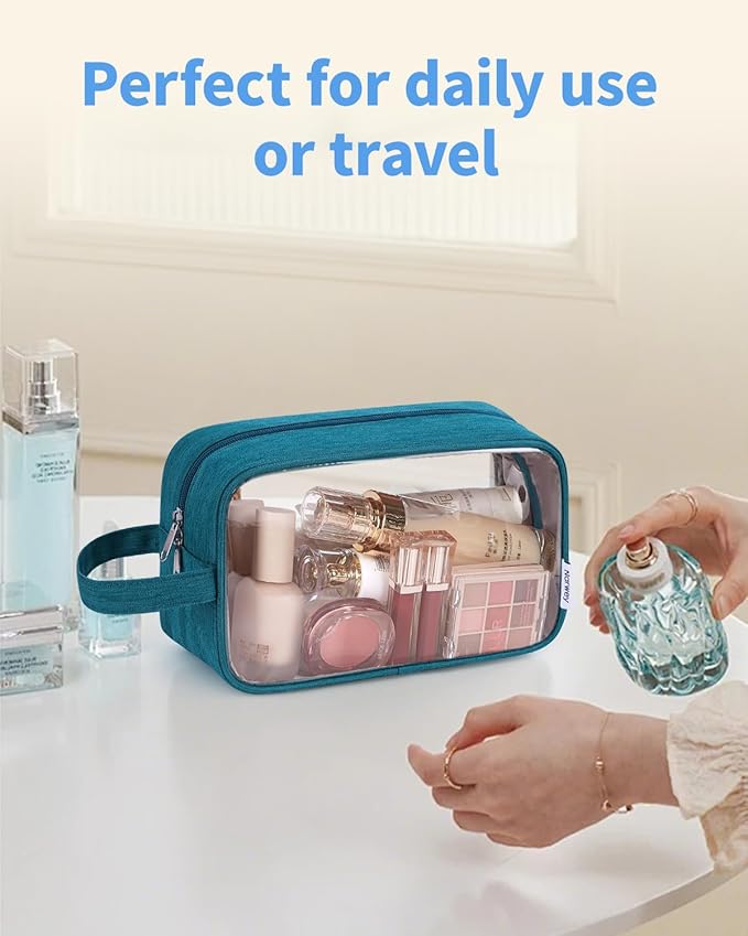 Narwey Clear Travel Toiletry Bags for Traveling Toiletries Men Women, Clear Makeup Bag Cosmetic Bag with Zipper, Make Up Pouch Organizer Bags with Handle, Skincare Bag (Teal)