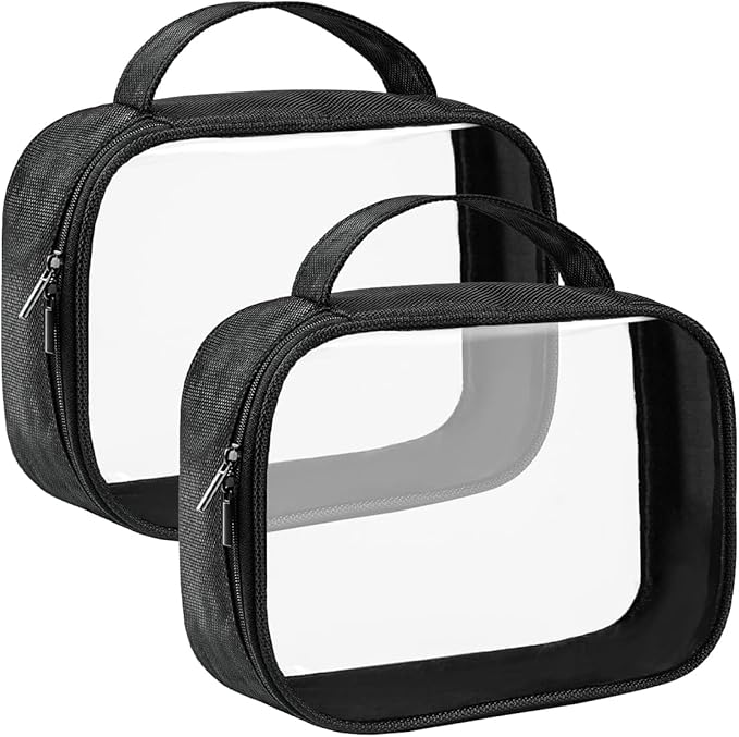Moyad TSA Approved Clear Toiletry Bag with Handle, 2 Pack Quart Size 3-1-1 Liquids Pouch for Travel, Transparent Makeup & Cosmetic Organizer for Women Men, Black