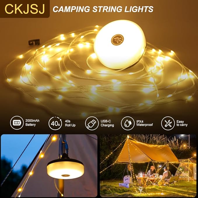 2 Pack Camping String Lights - 4 in 1 Outdoor Lights with 8 Lighting Modes, USB Charge & Battery Indicator, Durable & Waterproof for Camping Yard Hiking, Portable & Easy-to-Store (32.8ft)