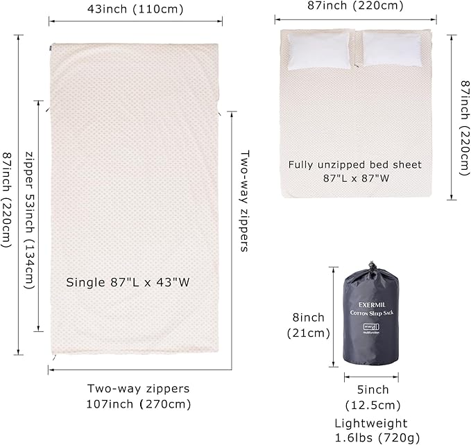 100% Cotton Sleeping Bag Liner with Full Length Zipper on 3 Sides; Single/Double Adult Sleep Sack for Travel & Camping, Multifunctional Travel Sheets (Unzipped 87”x87”) for Hotel, Lightweight