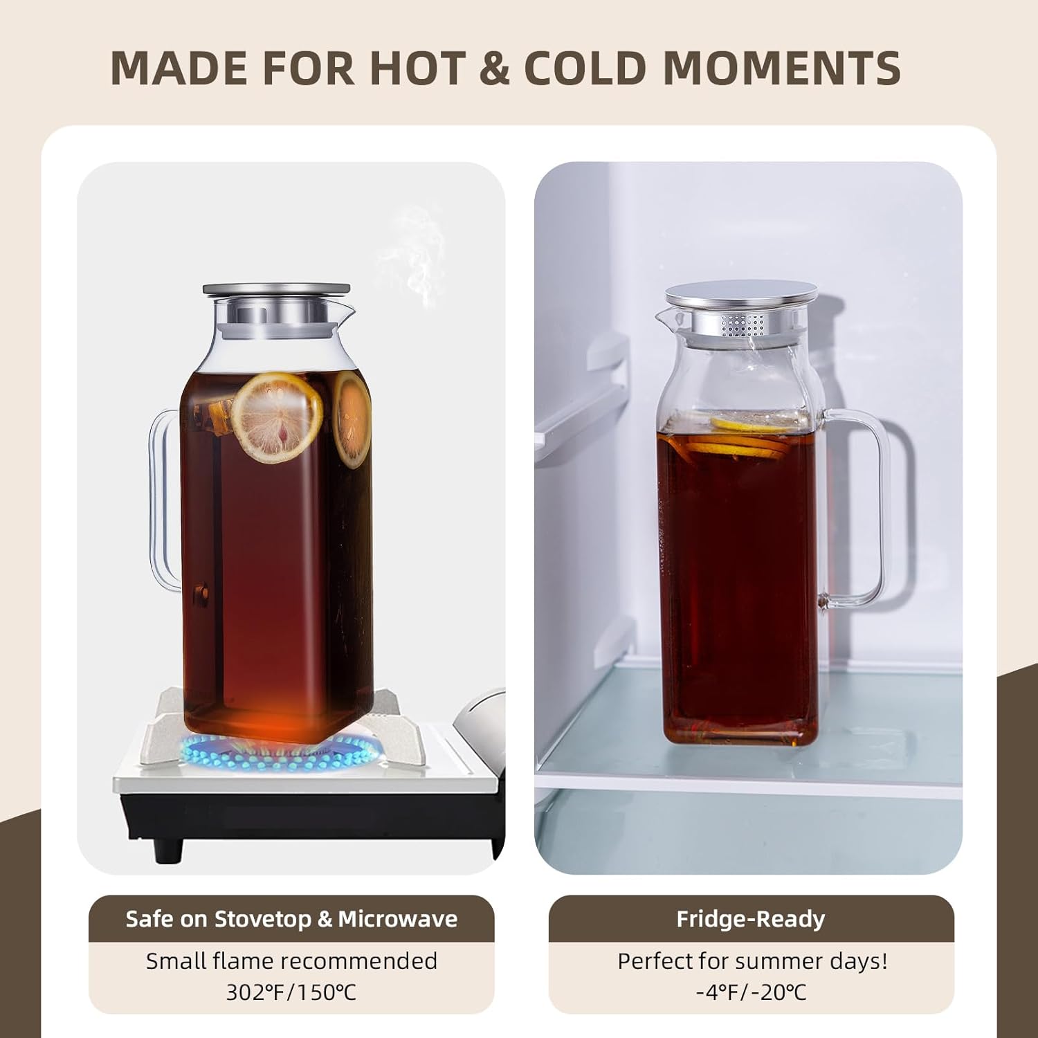 Glass Water Pitcher with Lid and Spout, 2L/68 Ounces Heat Resistant Borosilicate Glass Carafe, Temperature Safe