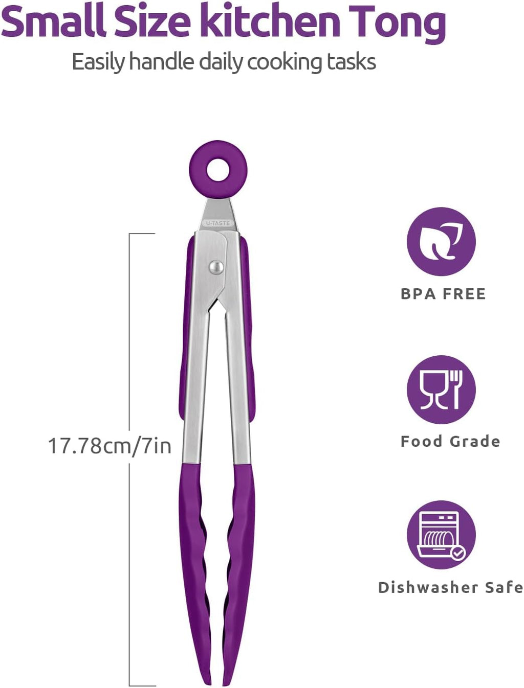 600ºF Heat Resistant Kitchen Tong: U-Taste 7 inch Silicone Cooking Tong with Firm Sealed Non Stick Rubber Tips & Silicon Coated 18/8 Stainless Steel Handle & Smooth Locking for Serving Salad (Purple)