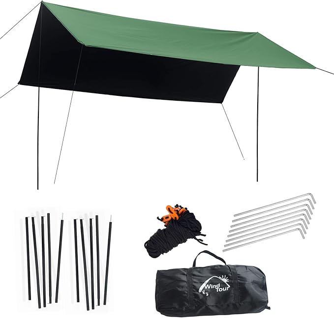 Wind Tour Portable Multifunctional Outdoor Camping Traveling Awning Backpacking Tarp Sunshade Lightweight UV Protection and PU 3000mm Waterproof Rain Fly Tarp Shelter (118 * 177 inches)