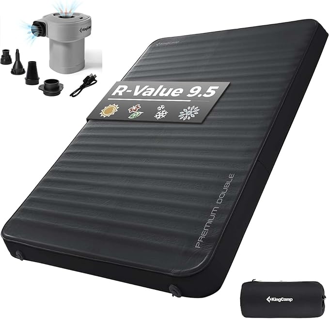 KingCamp Double Sleeping Pad, 2 Person Queen R 7.9 Self Inflating Sleeping Pad, 3" Thick Full Size Foam Mattress Mat with Air Pump for Outdoor Camping Tent Car, PVC Free (Black)