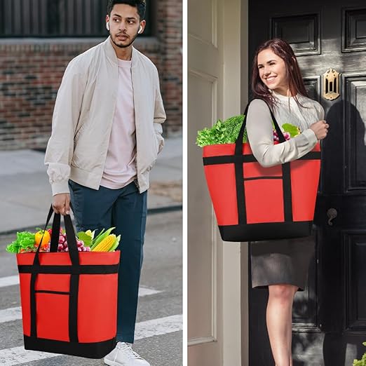 2Pk Insulated Reusable Tote Bag for Grocery Shopping for Women, Pizza/Food Delivery Bag to Keep Food Cold/Hot for Uber Eats/Doordash/Grubub, Cooler bags for Travel/Beach/Picnic, Red