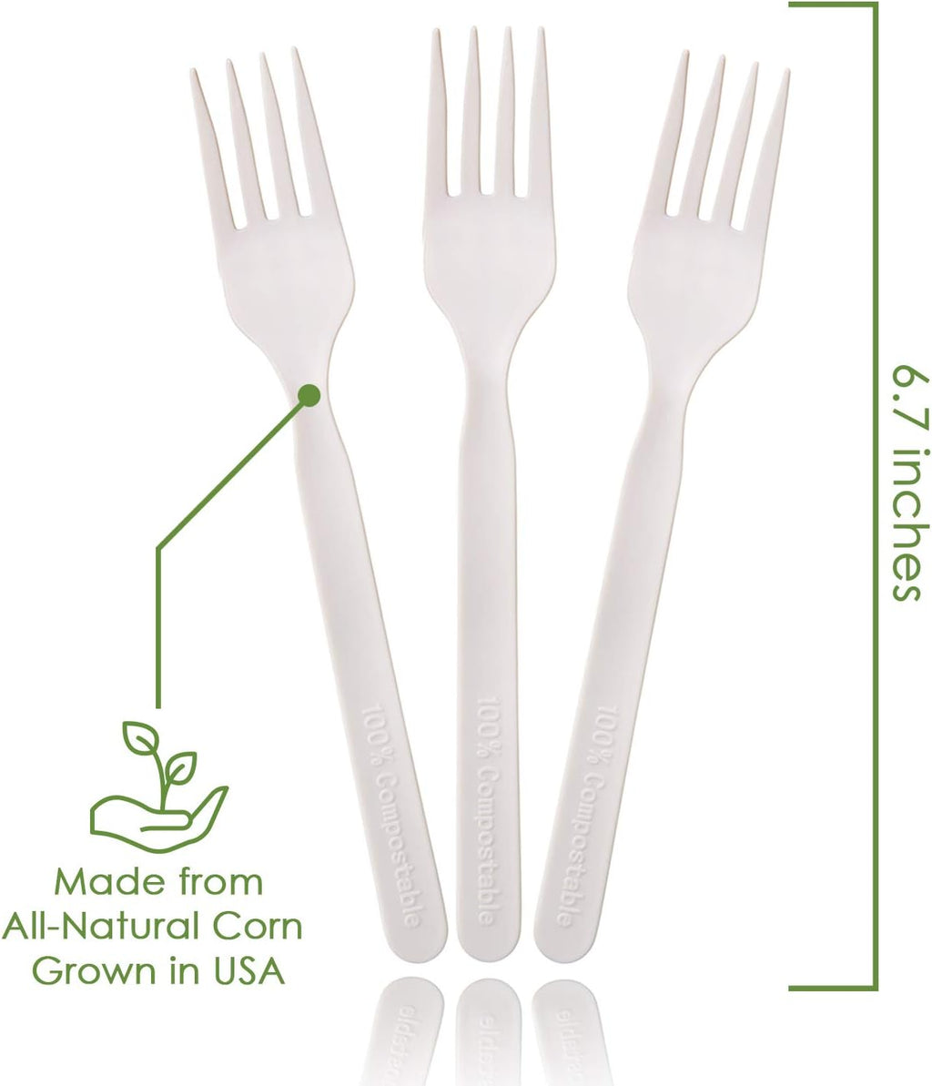 100% Compostable Forks - 500 Large Disposable Utensils (7 in.) Bulk Size Eco Friendly Durable and Heat Resistant Alternative to Plastic Forks with Convenient Tray
