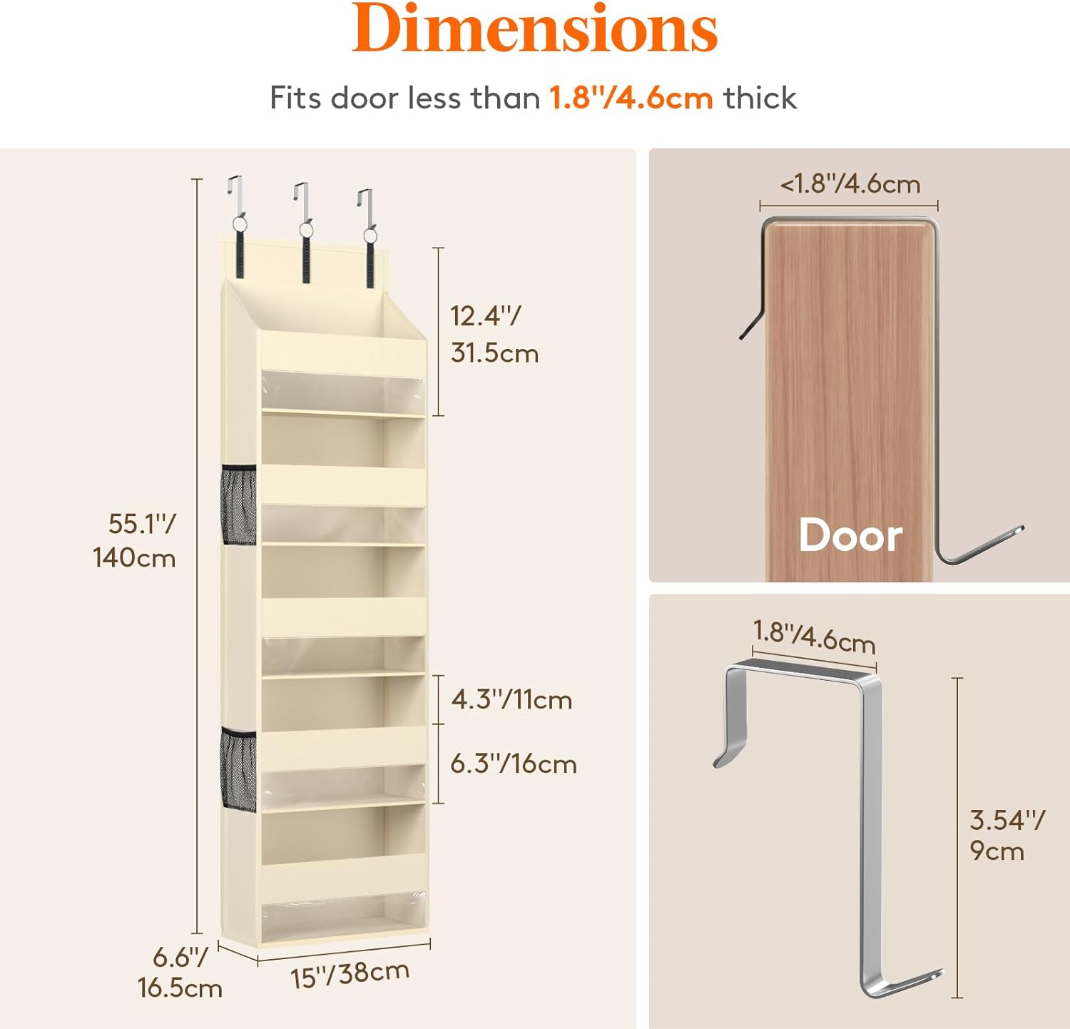 Lifewit 1 Pack Over the Door Organizer, 5 Shelf Clear Window Hanging Storage with 4 Mesh Side Pockets, Anti Tilt 40 lbs Load Behind Door for Pantry, Nursery, Bathroom, Bedroom, Kitchen, Dorm, Beige