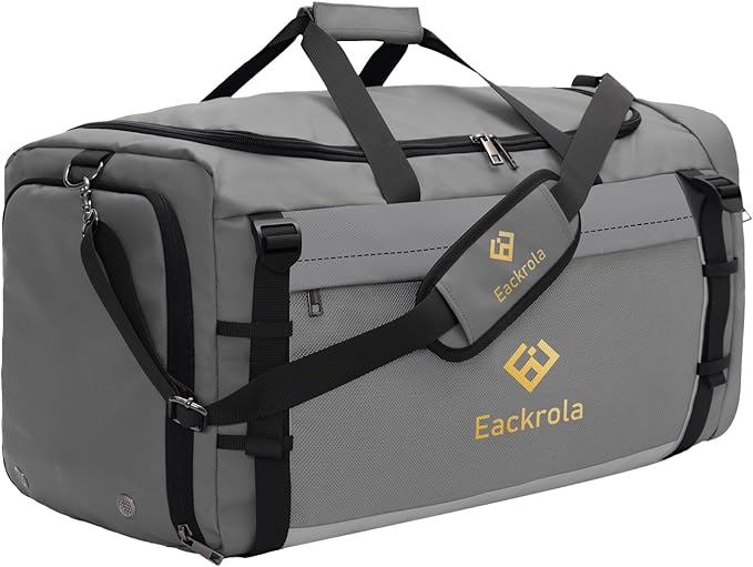 Eackrola Large Sports Gym Bag, Travel Duffel bag with Wet Pocket & Shoes Compartment for men women, 65L, Lightweight（Light Gray）