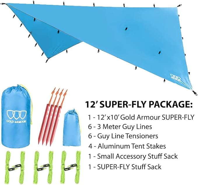 Gold Armour Rainfly Tarp Hammock, Premium 14.7ft/12ft/10ft/8ft Rain Fly Cover, Waterproof Ultralight Camping Shelter Canopy, Survival Equipment Gear Tent Accessories (Light Blue 12ft x 10ft)