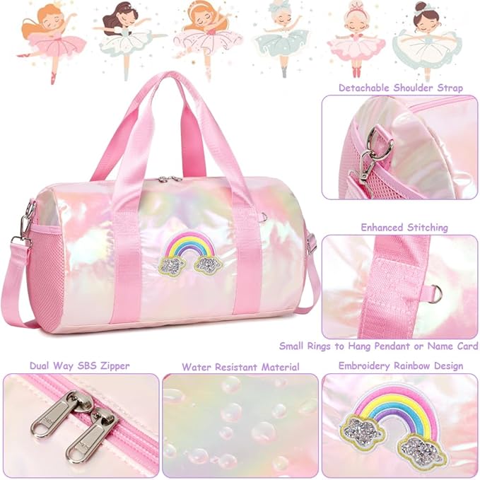 Dance Bag for Girls Dancers Ballet Bag Shiny Rainbow Sports Duffle Bag for Girls Ballerina Gym Duffle with Waterproof Dry Wet Separated Compartment