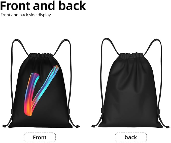 Drawstring Bags Initial Drawstring Backpack Sackpack Black Draw String Cinch Bags for Sports, Gym, Travel, Swimming, Beach, Camping, Rainbow Letter V