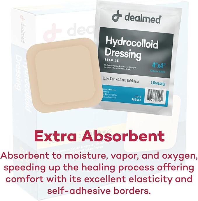 Dealmed Hydrocolloid Dressings – 4” x 4” Extra Thin Hydrocolloid Bandages, Wound Care Products for First Aid Kits, Box of 10, 24 Per Case and Individually Packed