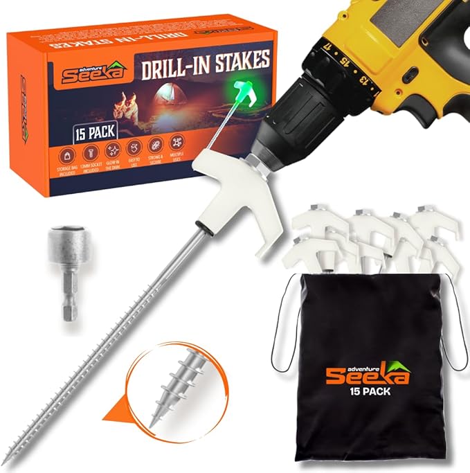 15-Pack 8" Heavy Duty Screw in Tent Stakes, Drill-In Ground Anchor Pegs, Includes Hex Head Driver & Storage Bag