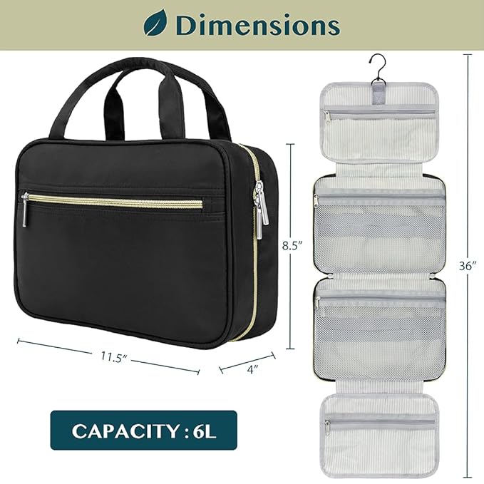 PAVILIA Hanging Toiletry Bag Travel Bag Women Men, Foldable Cosmetic Organizer, Roll up Makeup Bag, Water Resistant Accessories Toiletries, Large Travel Essentials Kit (Black Gold)