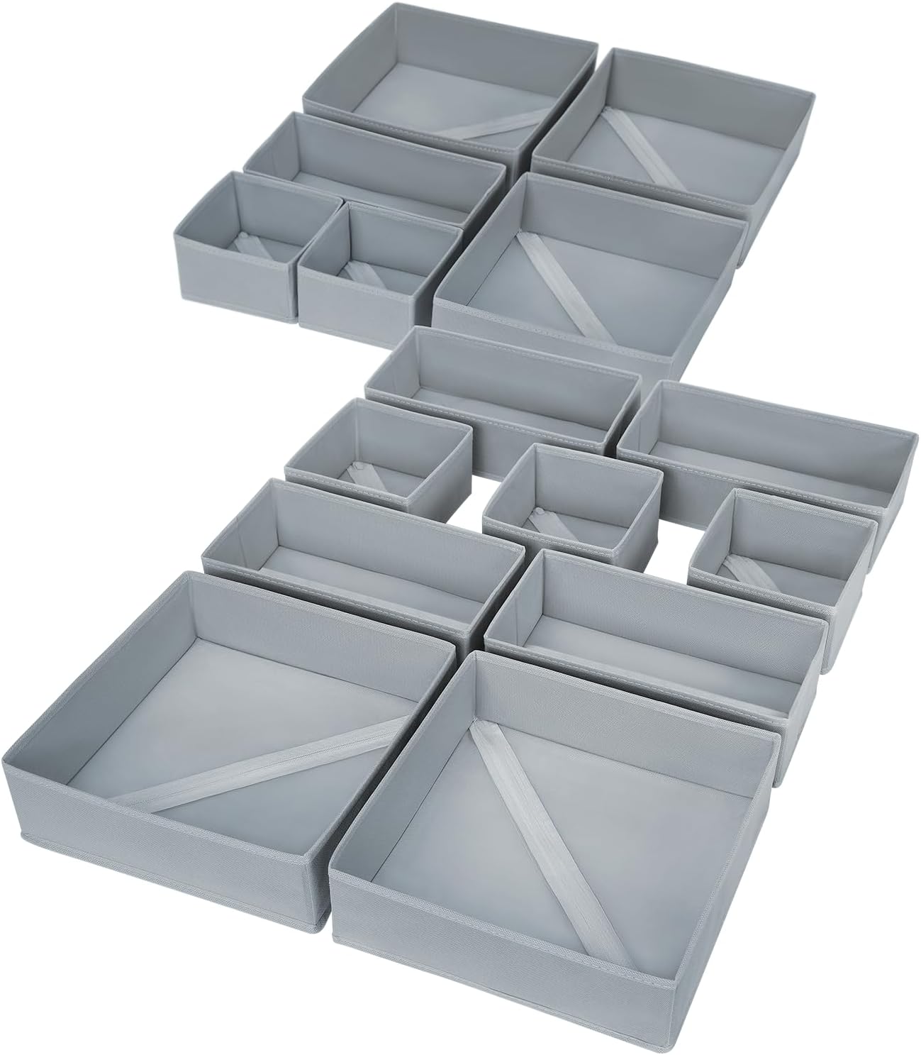DIMJ Drawer Organizer Clothes, 15 Pack Underwear Organizer, Foldable Closet Bins, Sock Organizer Bra Cube, Fabric Dresser Box for Clothes, Bra, Socks, Tie (Grey)