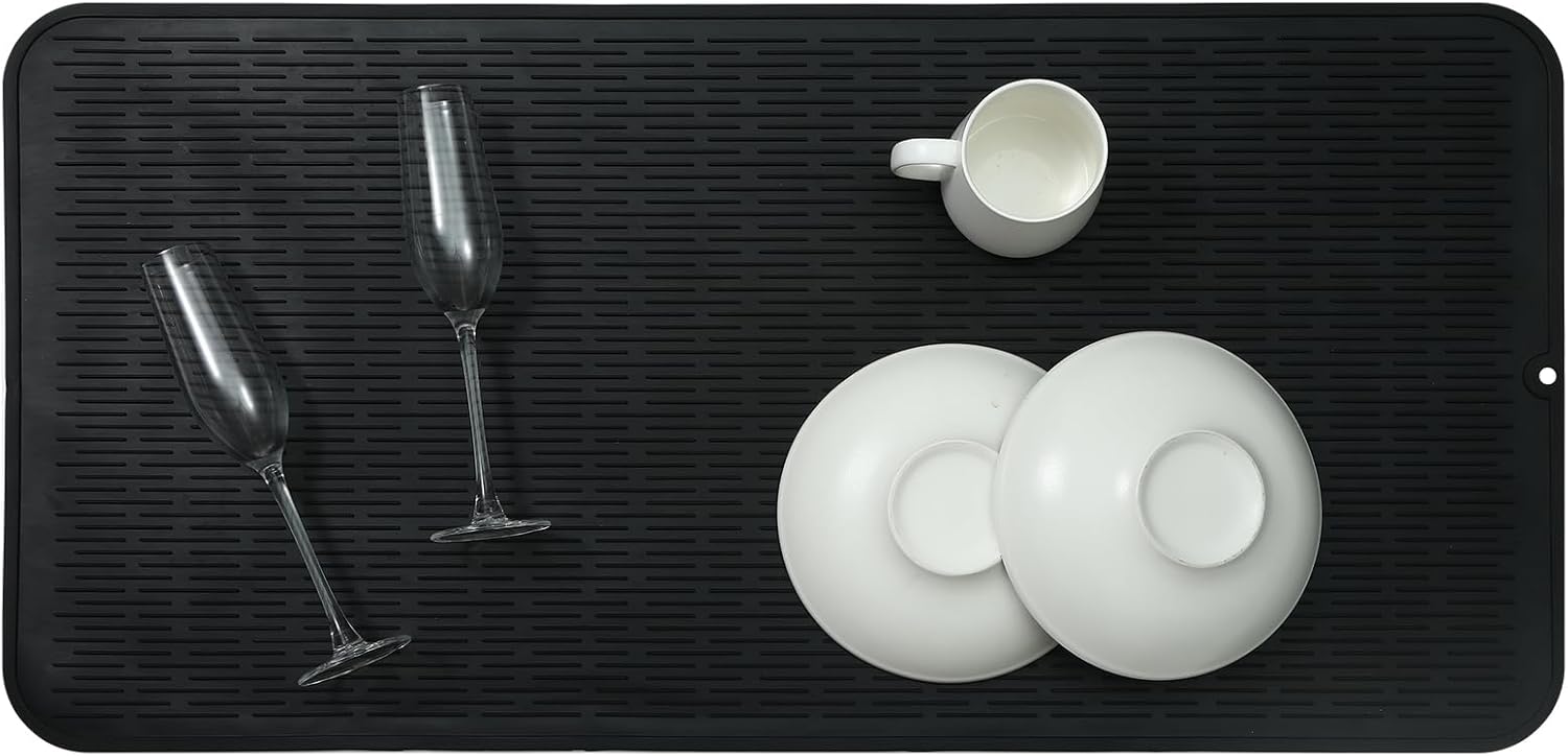 Silicone Dish Drying Mat for Multiple Usage,Easy clean,Eco-friendly,Heat-resistant Silicone Mat for Kitchen Counter or Sink,Refrigerator or Drawer Liner Black 5XL 36inches x 18inches