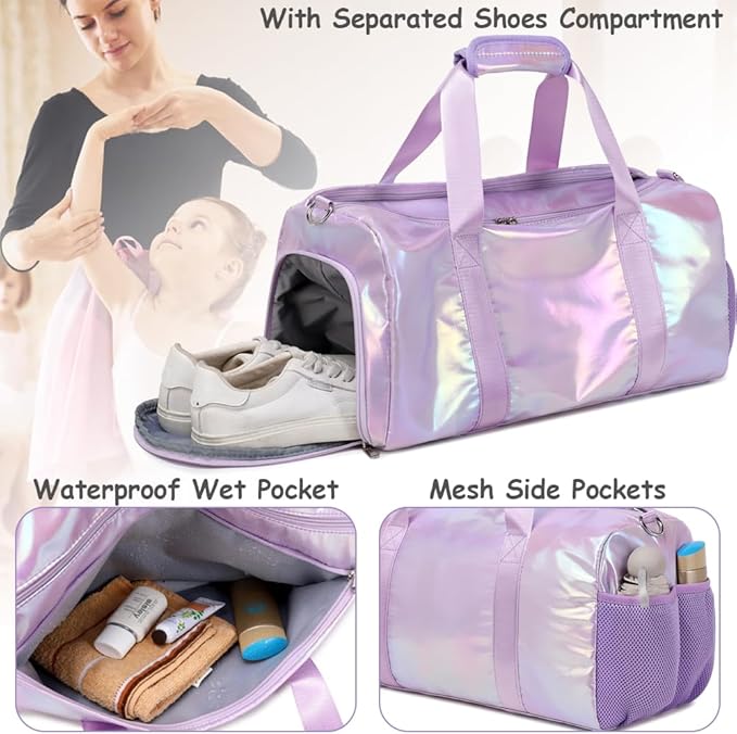 Dance Bag for Girls Gym Bag Sports Duffle Bag with Shoes Compartment Wet Pocket Weekender Overnight Bag for Girls Women Teens Travel Duffle Bag Water Resistant