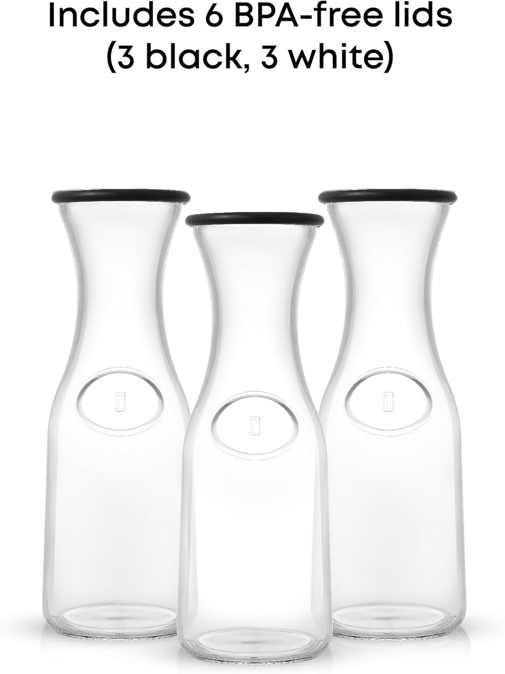 JoyJolt Glass Carafe with Lid, Set of 3 – 1 Liter Glass Pitcher for Mimosa Bar, Water, Iced Tea, Juice, Wine, Lemonade, Milk – Dishwasher Safe Beverage Drink Dispensers for Brunch, Parties