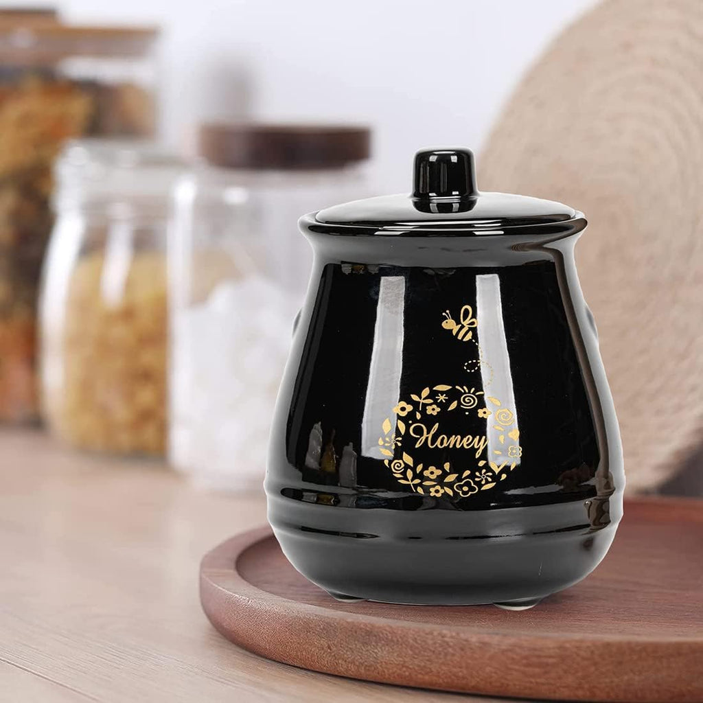 Ceramic Honey Jar with Wooden Honey Dipper-Honey Pot with Dipper- Honey Jar with Stand, Great Bee Decor- Farmhouse Kitchen Decor (Honey Jar-Black)