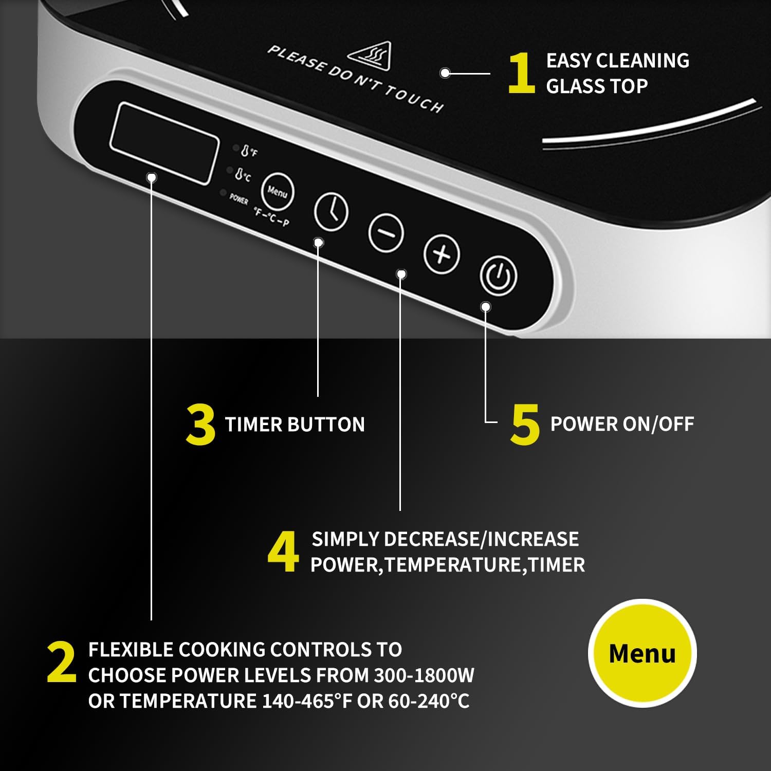 1800W Portable Induction Countertop Cooktop 10 Power Levels Burners Electric Stove with 140-465°F Timer Settings Induction Burner Suitable and Digital Sensor for Magnetic Cookware