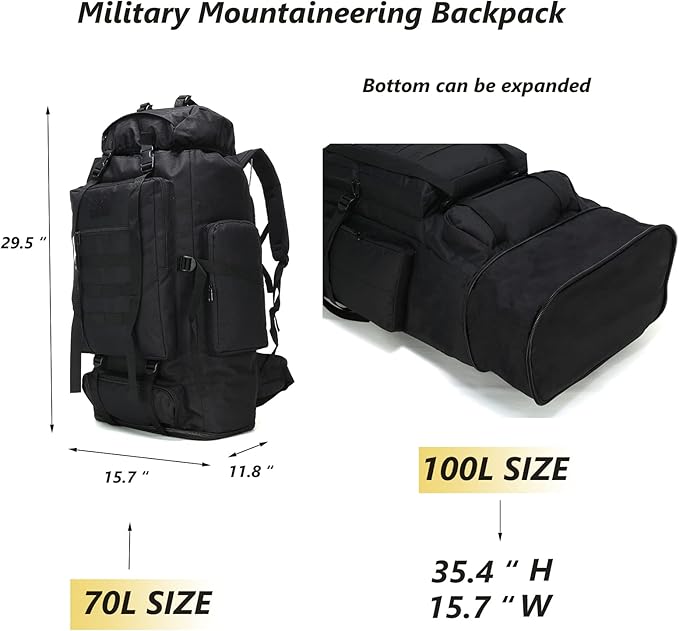100L Tactical Military Backpack for Men - Waterproof Hiking & Hunting Pack with MOLLE System, Adjustable Suspension, Survival Gear Compartment - Outdoor Camping, Trekking Travel Backpack