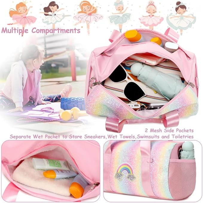 Ballet Dance Bag for Girls Dancers Shiny Rainbow Glitter Sports Duffle Bag for Kids Girls Ballerina Duffle with Shoulder Strap and Waterproof Wet Pocket