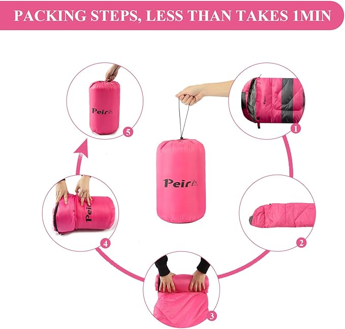 Sleeping Bags, Camping Sleeping Bag for Adults, 3 Season Warm & Cool Weather, Lightweight Waterproof Sleeping Bags for Indoor Outdoor Camping Traveling Backpacking, Pink/Blue/Black