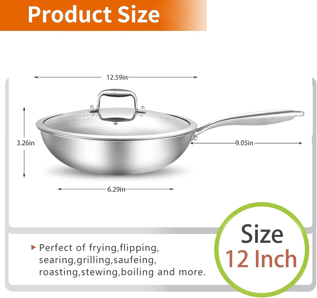 DELARLO 12" Nonstick Wok Pan With Lid, Tri-Ply Stainless Steel Saute Pan with Lids, 600℉, 5QT Deep Frying pan, Induction Wok Nonstick,Woks & Stir-Fry Pans