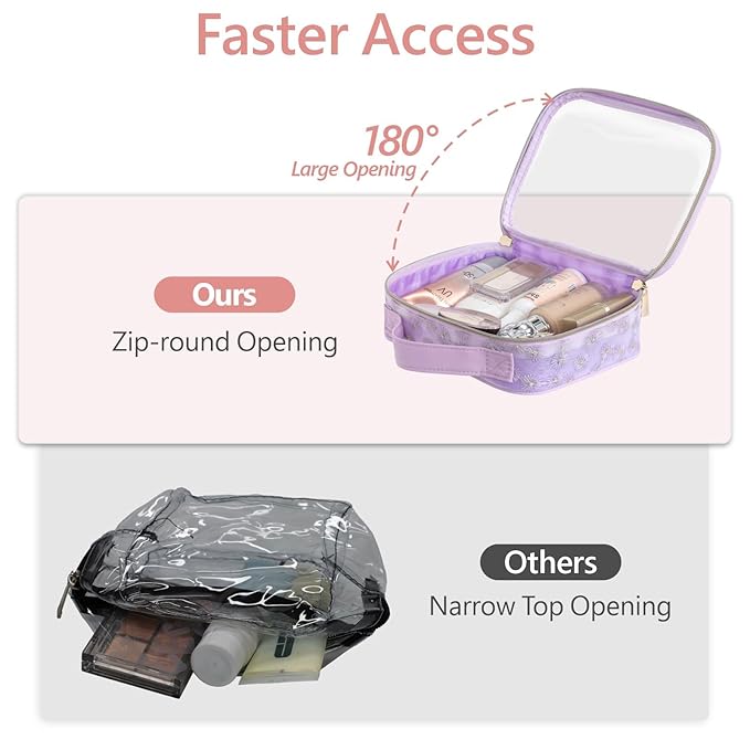 PACKISM Floral Texture Lace TSA Approved Toiletry Bag - 180° Opening Clear Makeup Bags in 2 Size, Clear Toiletry Bags with Handle, 0.5 mm Thick Non-deformable No Smell, Purple