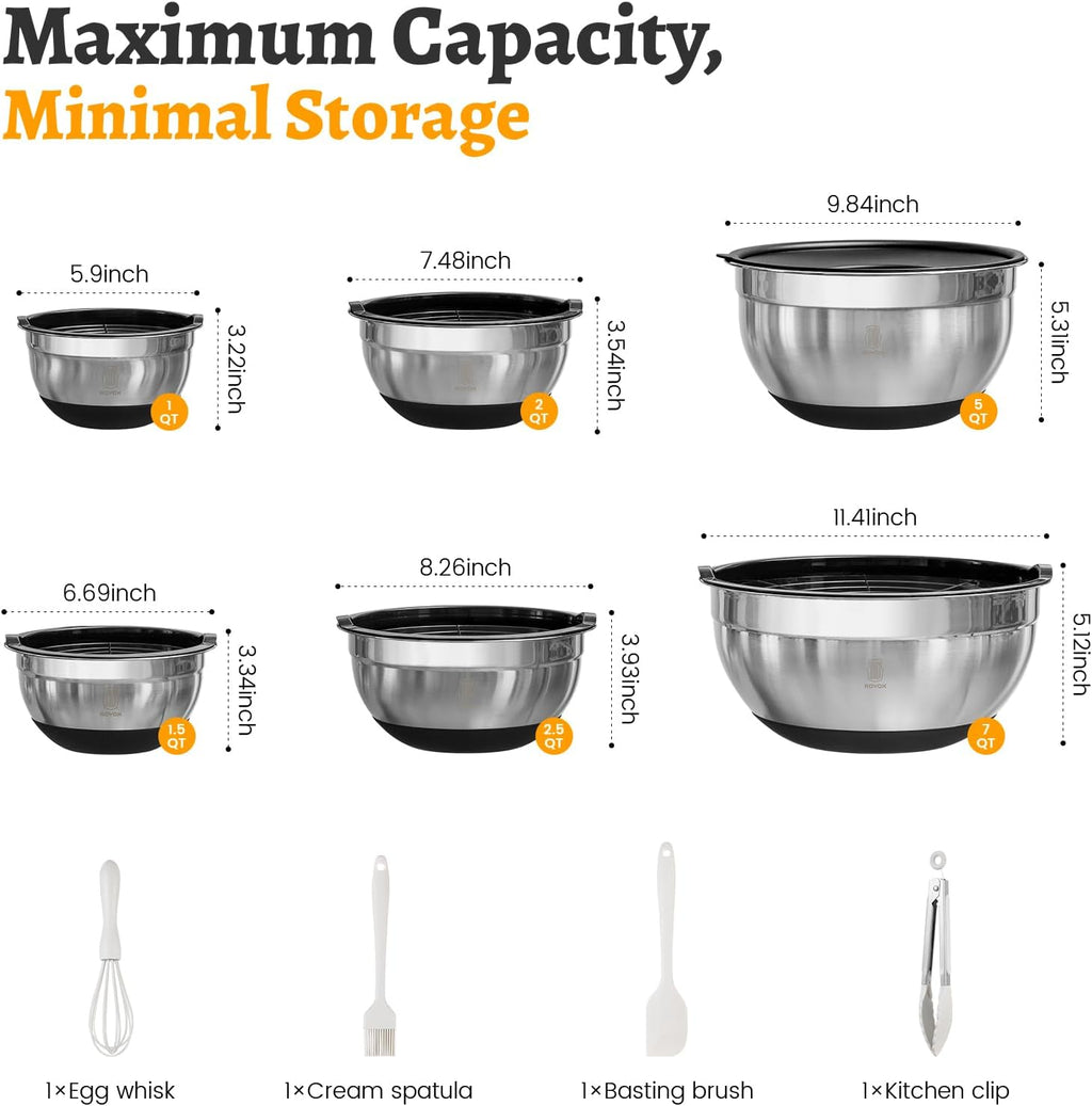 ROYDX Stainless Steel Mixing Bowls With BPA Free Airtight Lids &3 Grater Attachments,Non-Slip Bottoms- 33% Thick Metal Nesting Bowls for Mixing & Serving