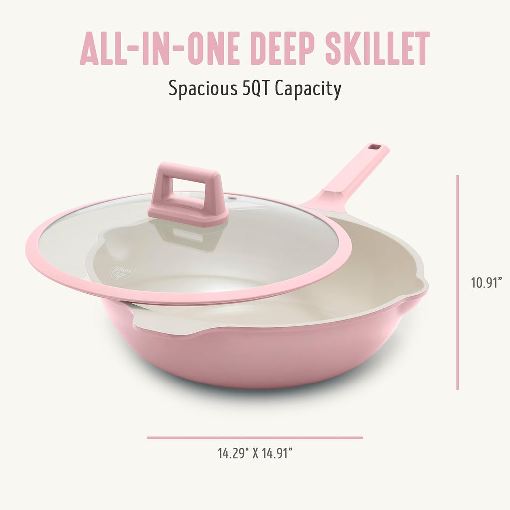 GreenLife Nonstick 12” (5QT) All in One Deep Skillet Wok with Lid, PFAS-Free Non-Toxic Ceramic Multi-Purpose Pan, Induction, All Stovetop, Egg, Stir Fry, Saute, Stay Cool Handle, Pink