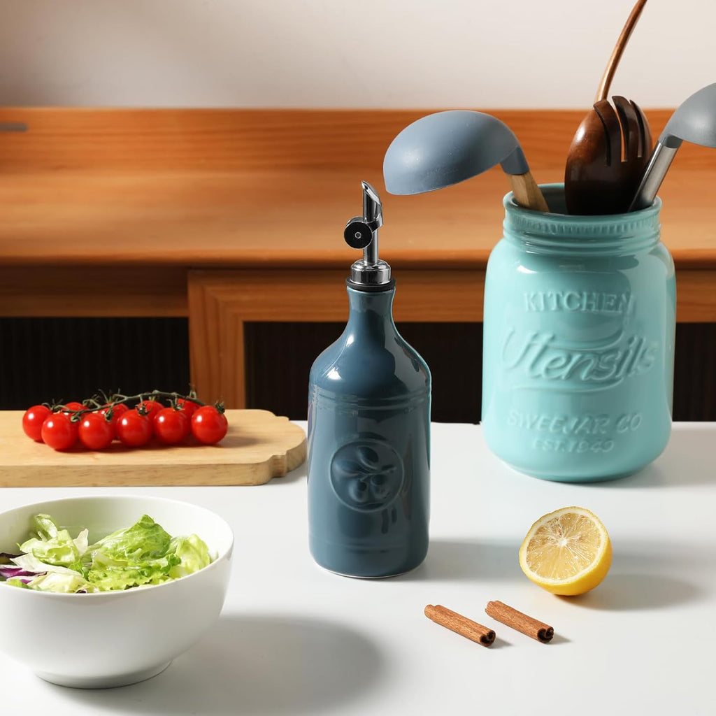 Sweejar 16 Oz Ceramic Olive Oil Dispenser Bottle, Oil Dispenser for Kitchen with Gravity Spout, Relief Opaque Vinegar Container for Evoo, Soy Sauce, 1 Pack(Fog Blue, Silver Spout)