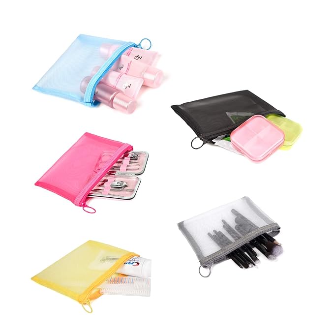 patu Zipper Mesh Bags, Size M / A6, 5 Pieces, Beauty Makeup Cosmetic Accessories Organizer, Travel Toiletry Kit Set Storage Pouch, Assorted Colors
