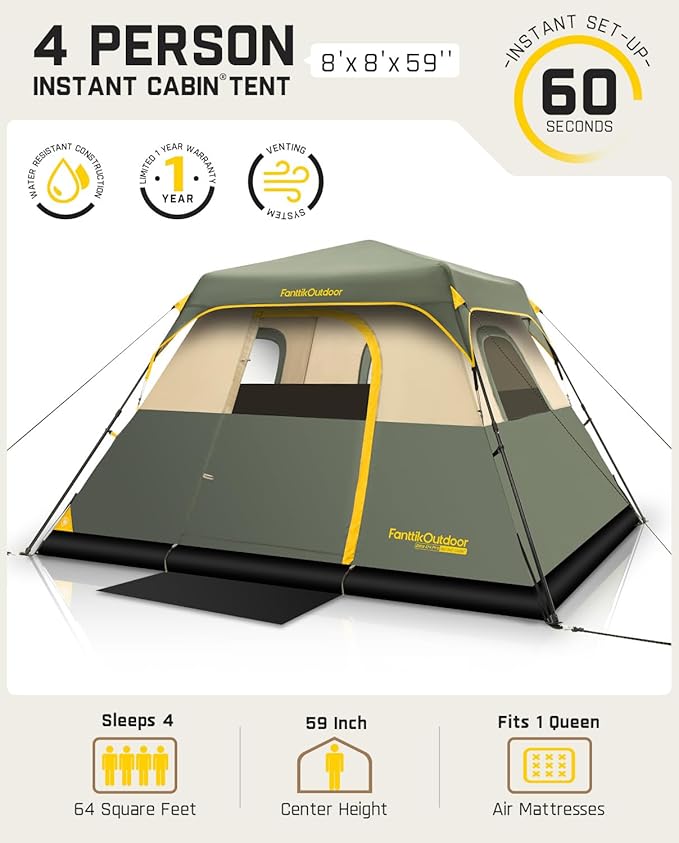 FanttikOutdoor Camping Tent 4/6/8/10 Person Instant Cabin Tent Setup in 60 Seconds with Rainfly & Windproof Portable with Carry Bag for Family Camping & Hiking, Upgraded Ventilation