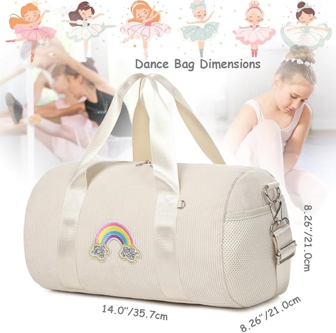 Dance Bag for Girls Dancers Ballet Bag Corduroy Rainbow Sports Duffle Bags for Kids Girls Ballerina Duffle with Shoulder Strap and Waterproof Wet Pocket