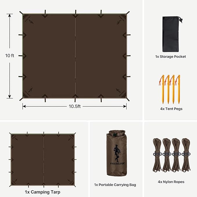 FREE SOLDIER Camping Tarp Waterproof Portable Multifunctional Outdoor Traveling Awning Backpacking Shelter Rain Tarp (Taupe 10×10.5ft)