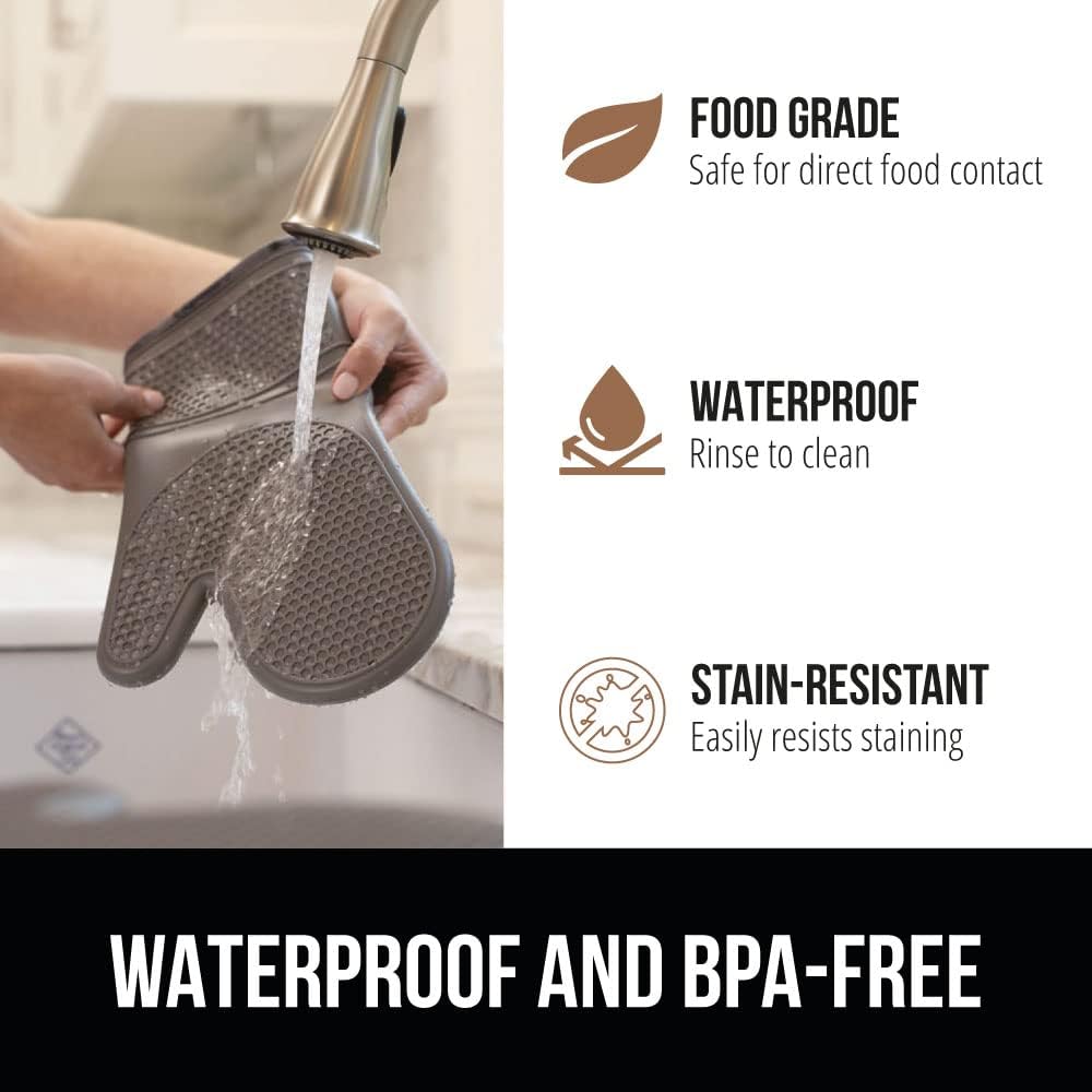 GORILLA GRIP BPA-Free Soft Silicone Oven Mitts, Heat Resistant and Waterproof Cooking Gloves, Thick Cotton Lining, Flexible Gripping for Baking Grilling, Kitchen Potholders Set of 2, 12.5x8.3, Gray