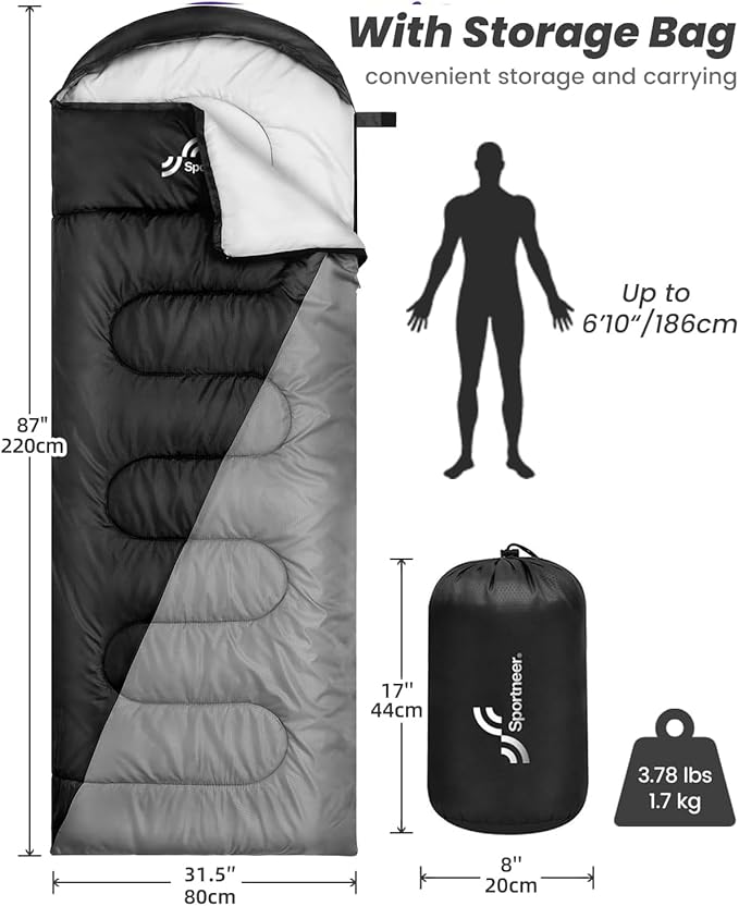 Sportneer Sleeping Bags for Adults, Warm & Cold Weather Sleeping Bag for Adults Kids Boys Girls - Lightweight Compact Camping Gear Equipment, Traveling, Backpacking, Hiking
