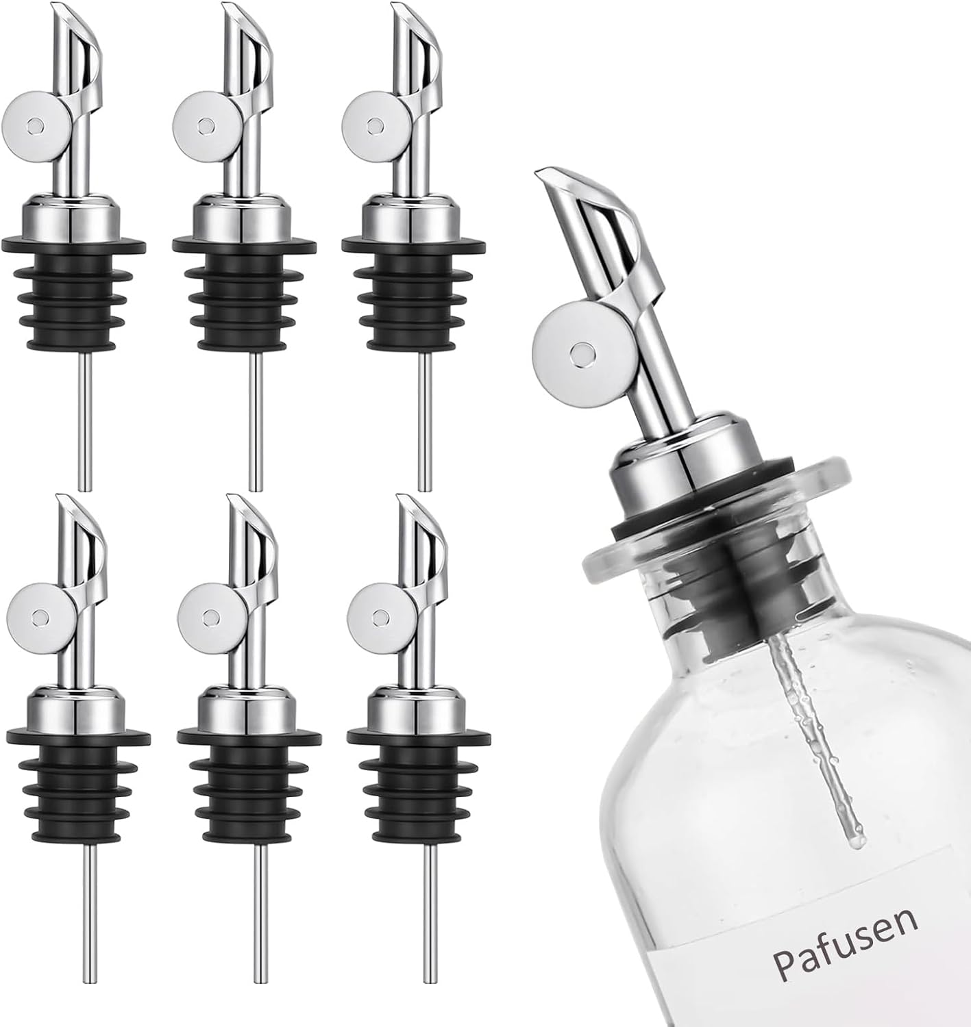 Pafusen 6 Pack Auto Flip Olive Oil Dispenser, Liquor Pour Spout, Oil Dispenser for Kitchen, Easily Turn Your Bottles into Dispensers for Liquor, Vinegar, Coffee Syrup or Oils, Weighted Pourer, Silvers