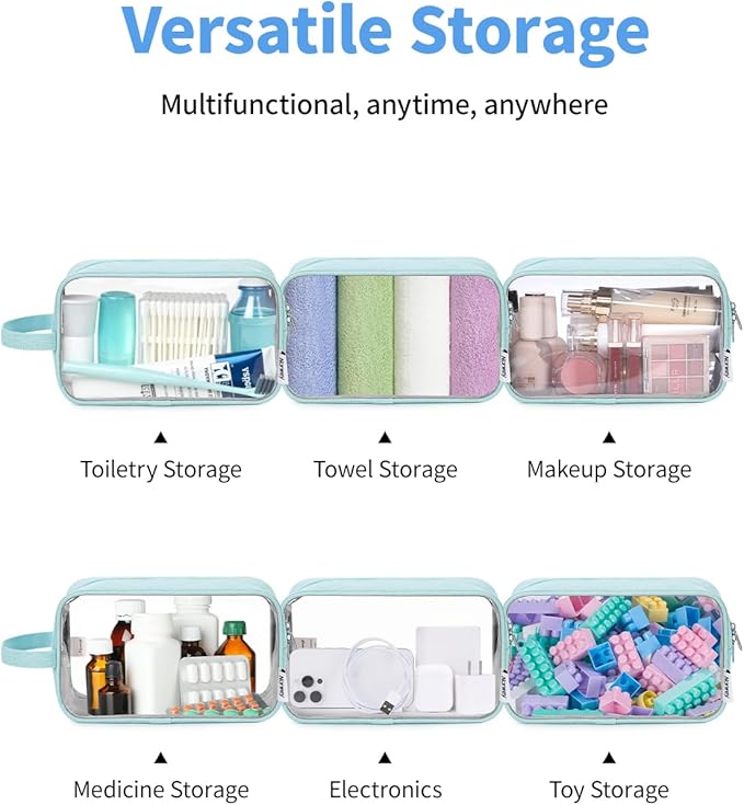 Narwey Clear Travel Toiletry Bags for Traveling Toiletries Men Women, Clear Makeup Bag Cosmetic Bag with Zipper, Make Up Pouch Organizer Bags with Handle, Skincare Bag (Mint Green)