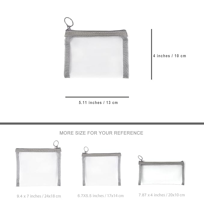 Patu Mini Zipper Mesh Bags, 4" x 5", Size S / A7, 5 Pieces, Beauty Makeup Lipstick Cosmetic Accessories Organizer, Small Travel Kit Storage Pouch, Gray