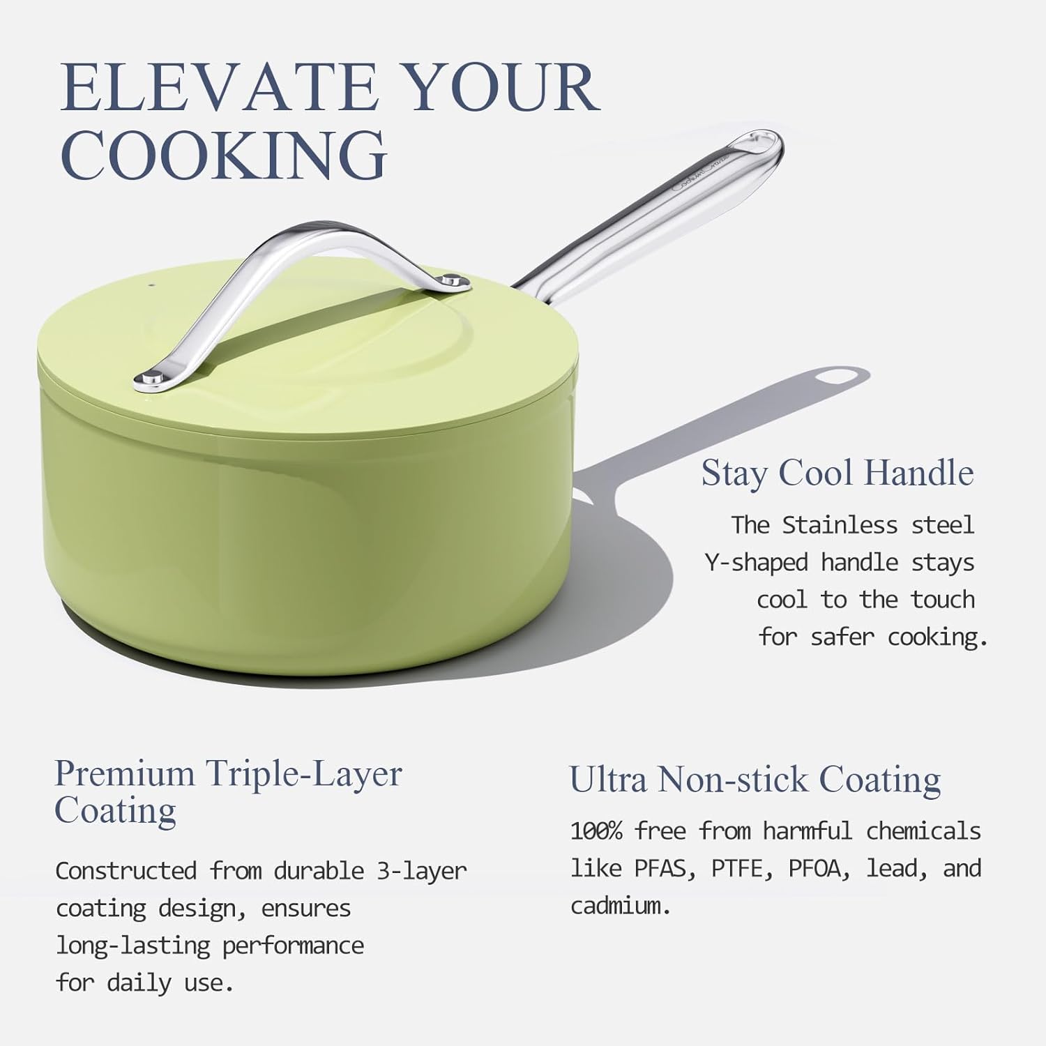 3.5qt Nonstick Ceramic Sauce Pan with Lid (8.19") Even Heat Distribution Non Toxic PFAS Free Healthy Cooking Pot for All Stovetops (Induction/Gas/Electric) Oven Safe 500°F, Avocado Green