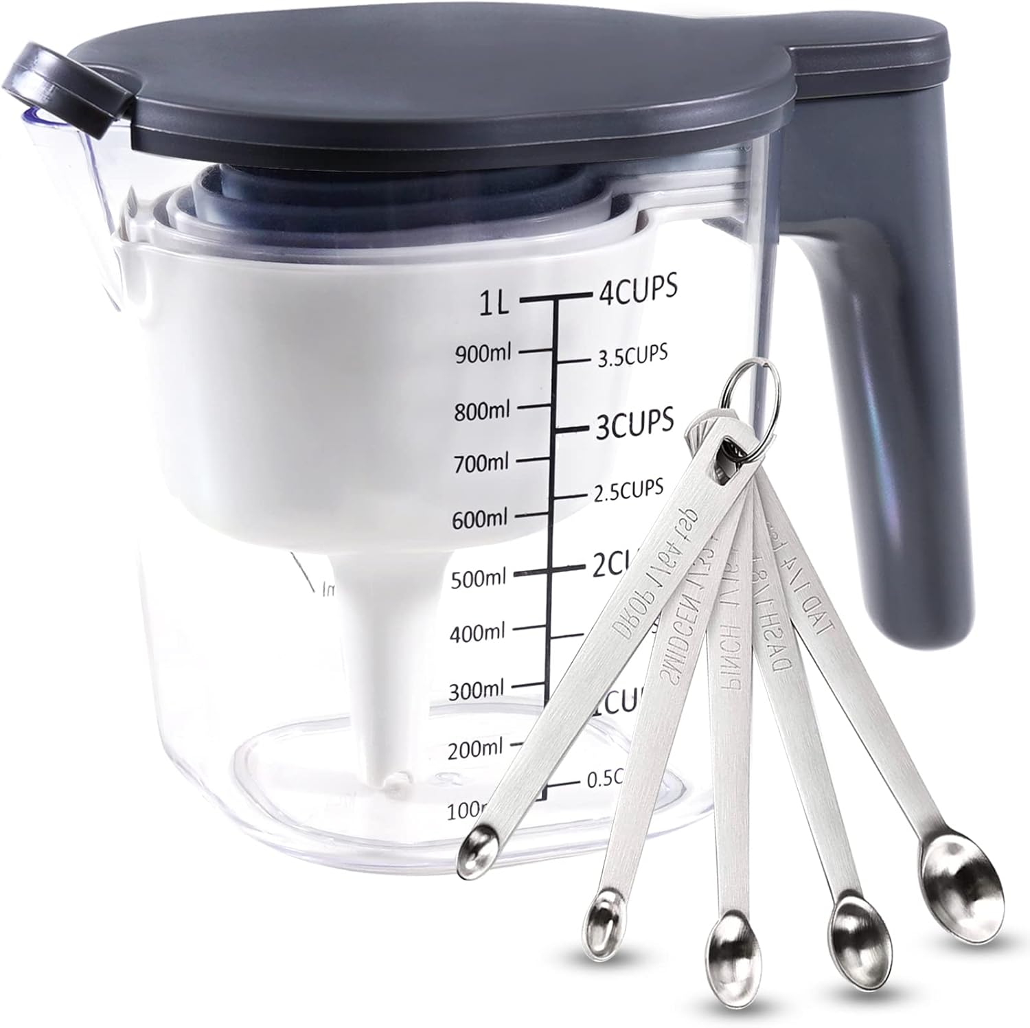 15 Pieces Measuring Cups and Spoons set, Includes 10 Stackable Measuring Cup with Lid and 5 Mini Stainless Steel Measuring Spoons, Teaspoons for Liquid and Dry, BPA Free, Dishwasher Safe