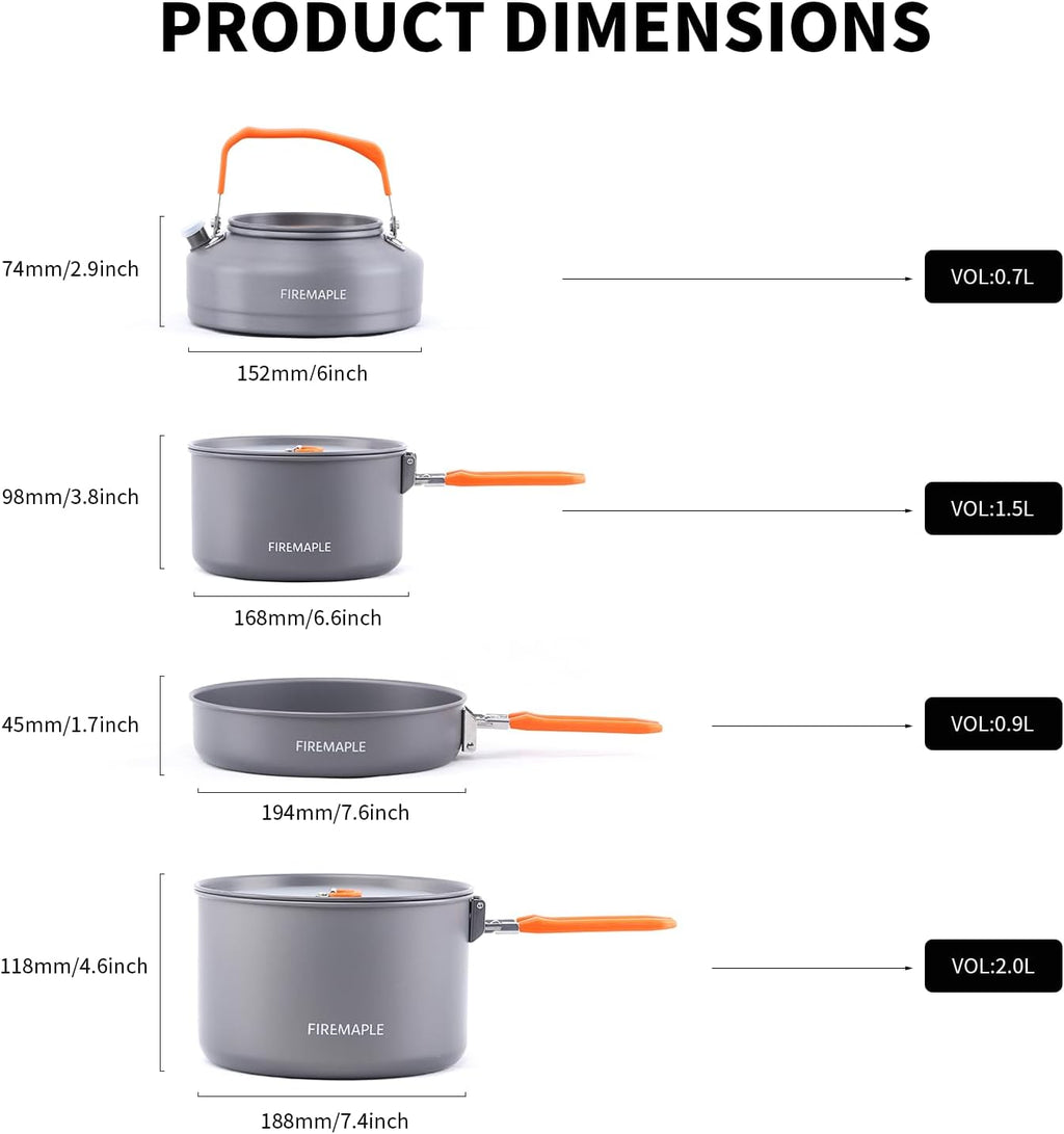 Fire-Maple Feast 4 Piece Camping Cookware Cookware Cookware Kit Outdoor Cookware Set with Pots, Kettle, Saucepans and Spatula for Hiking Fishing Picnic