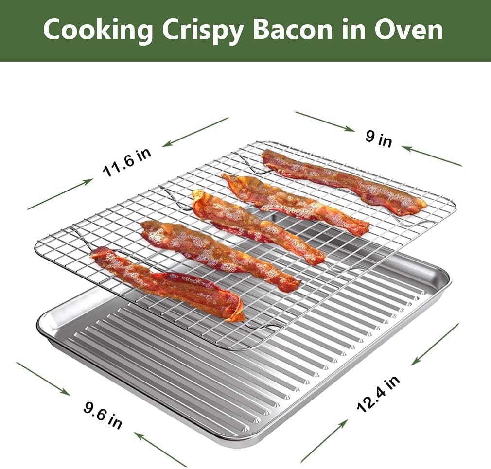 ROTTAY Quarter Baking Sheet Pan with Wire Rack Set [2 Pans + 2 Racks], Stainless Steel Cookie Sheet for Oven, Warp Resistant & Heavy Duty & Rust Free, Size 12 x 10 x 1 Inches