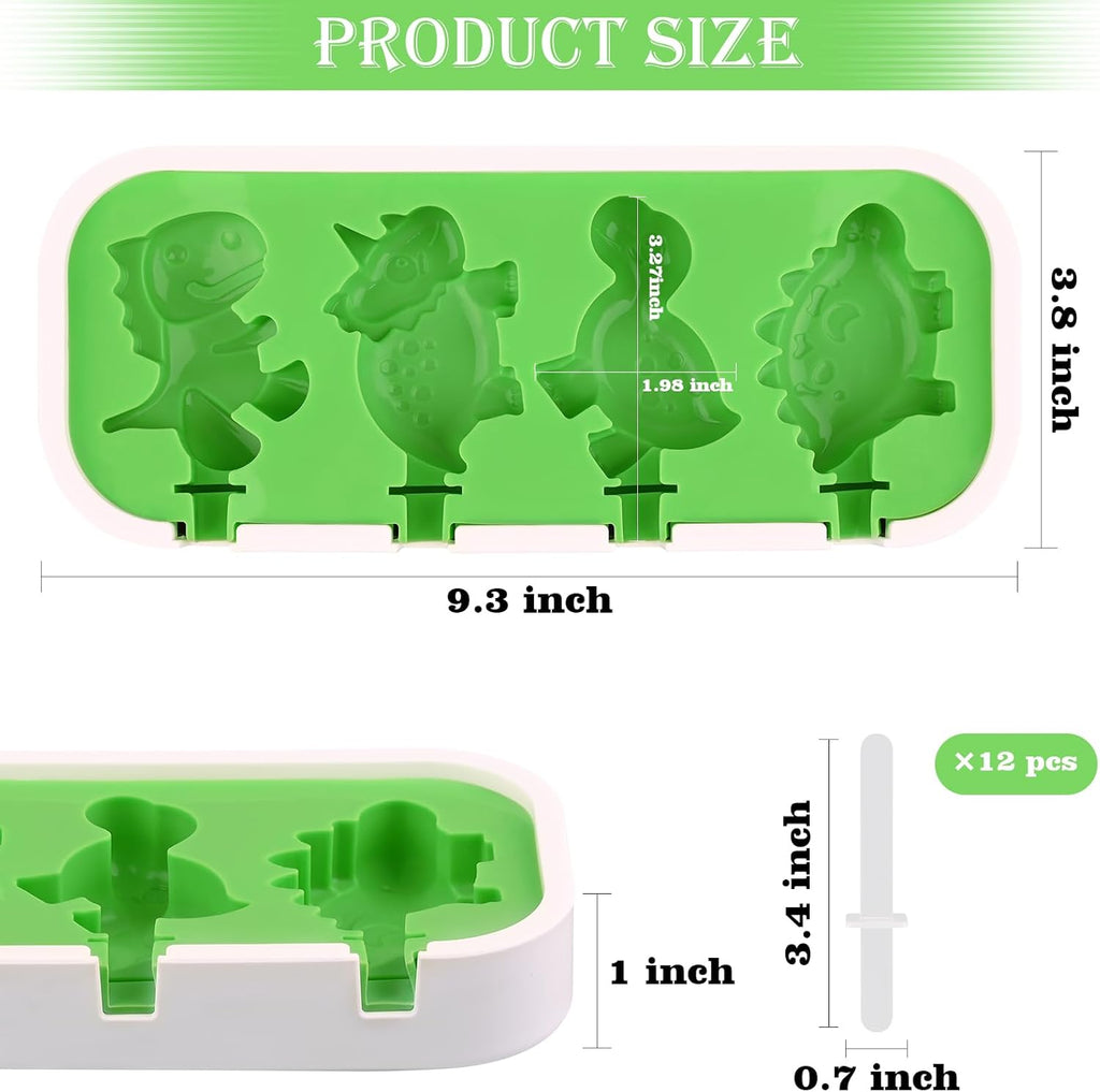 Sakolla 2 Pack Silicone Popsicle Molds with Sticks & Lid, 4-Cavity Mini Popsicle Molds for Kids - Cars, Ships, Train, Rocket and Dino Shapes (Green & Blue)