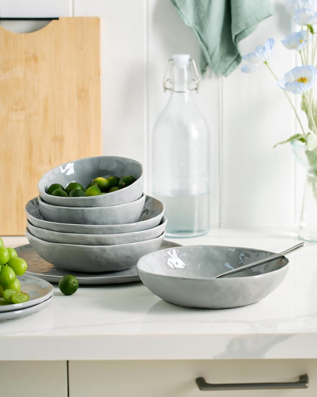 Famiware Porcelain kitchen plates and bowls set, Modern dishes set for 6, Handmade Wave Edge Dinnerware Sets, Microwave and Dishwasher Safe Tableware, Sleek Grey (24pc)