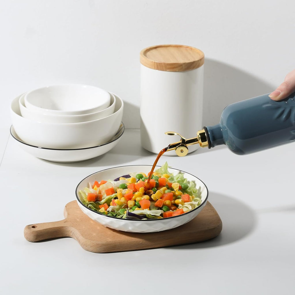 Sweejar 18 Oz Oil Dispenser for Kitchen with Gravity Spout, Ceramic Olive Oil Dispenser Bottle, Relief Opaque Vinegar Container for Evoo, Vinegar, Soy Sauce, Pack of 1(Fogbule, Gold Spout)