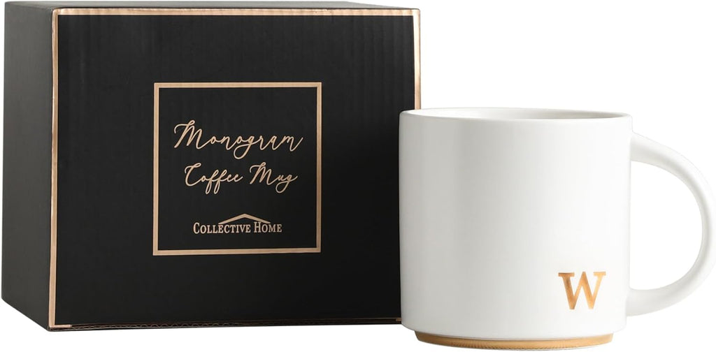COLLECTIVE HOME - Monogram Ceramic Mugs, 15 oz Golden Initial Coffee Cups, Elegant Alphabet Tea Mugs, Elegant Personalized Mug with Gift Box, Luxurious Cups for Office and Home (w)