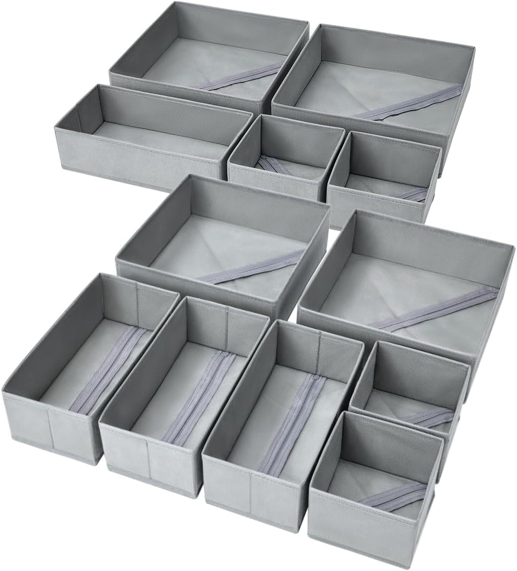 DIMJ Drawer Organizer Clothes, 12 Pack Dresser Organizer, Foldable Closet Organization and Storage Dividers, Fabric Dresser Drawer Organizers for Underwears, Nursery, Baby Clothes, Socks, Tie (Grey)